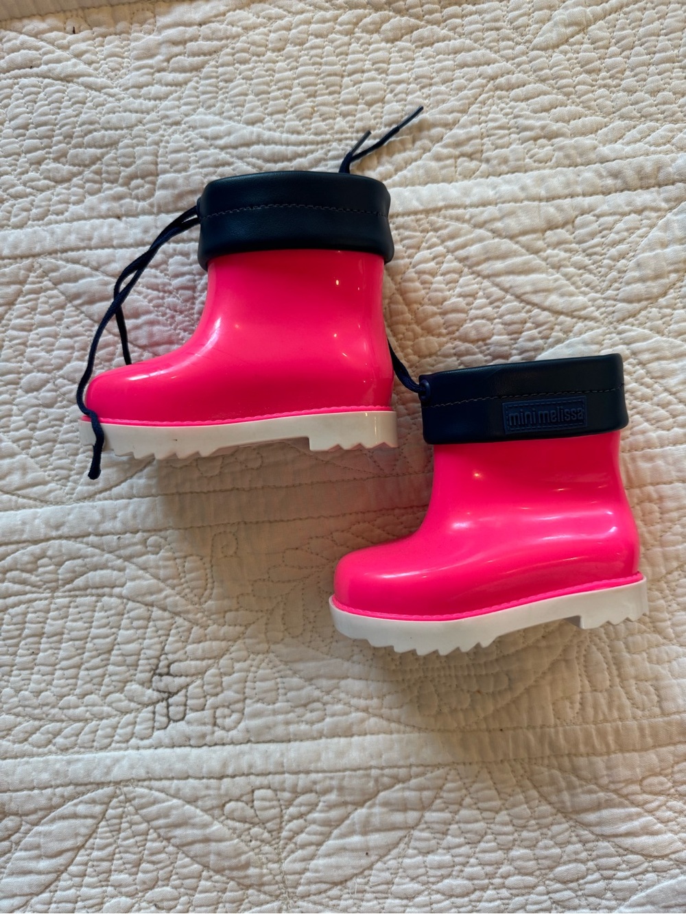 Mini Melissa Hot Pink Kids Rain Boots with Navy Cuff